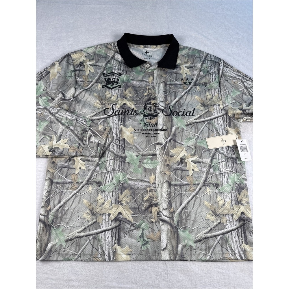 Saints Studio Men's L Long Sleeve Camo Polo Shirt Gray/Green Polyester